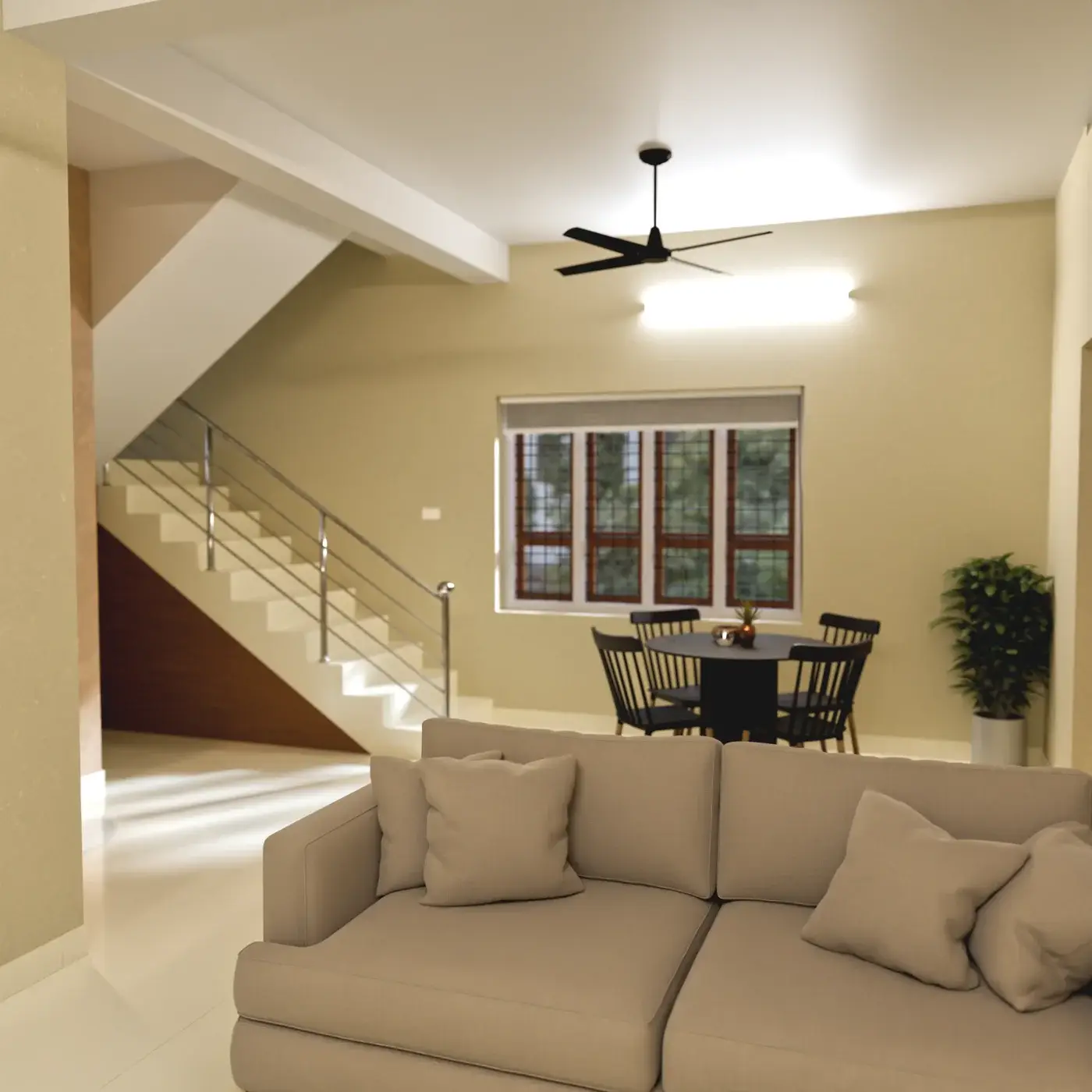 Residential interior render with pale seating, a timber stair and dining space beyond