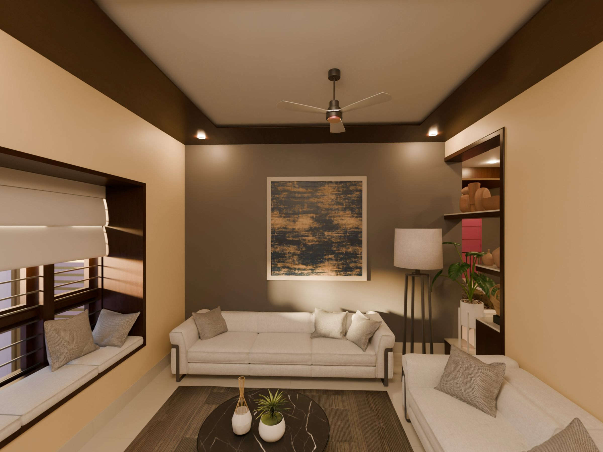 Karicode home design with pale sofas, timber ceiling details and a window seat