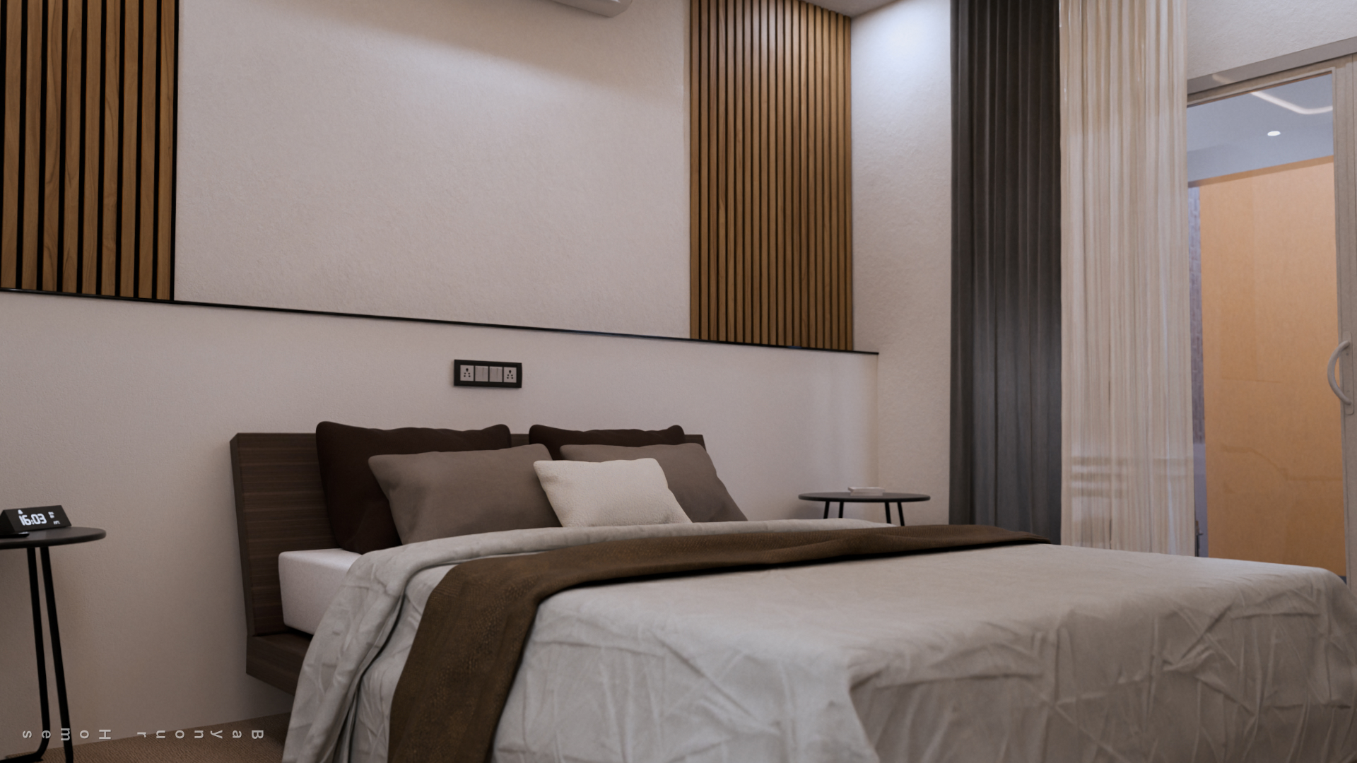 Varkala resort guest room with wooden headboard panels and warm-white walls