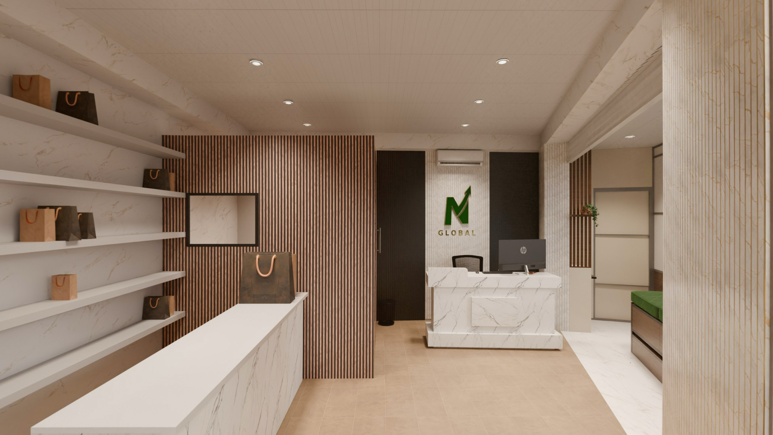 Showroom overview — Nexafiz retail design visualisation